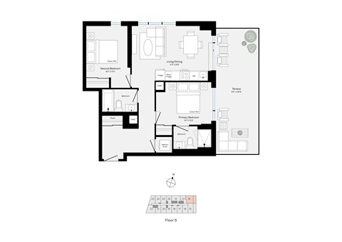 Floor plan for 2 beds, 2 baths, 786 sqft